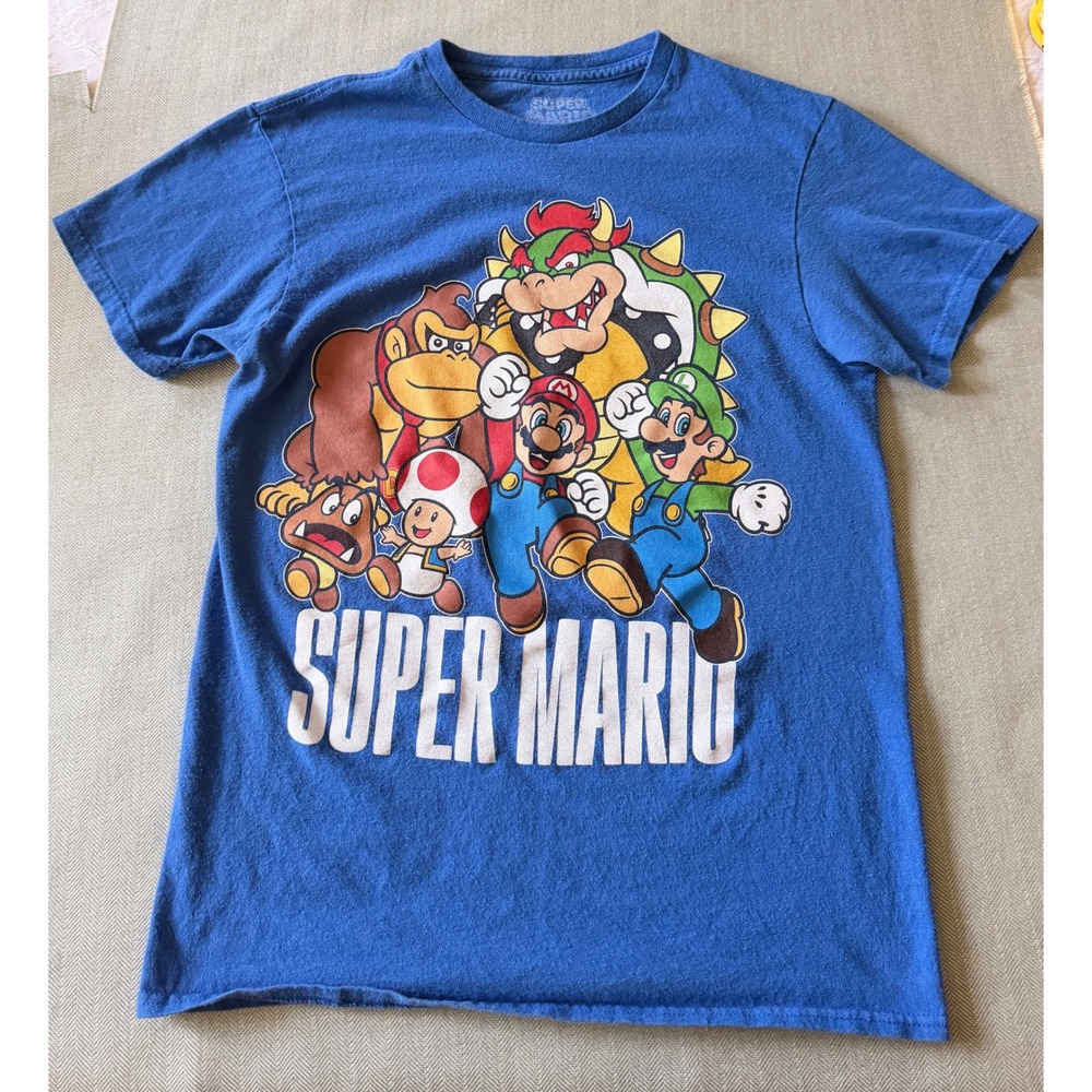 Nintendo Super Mario Bros Graphic T-Shirt Blue Small Mario Luigi Bowser DK Toad